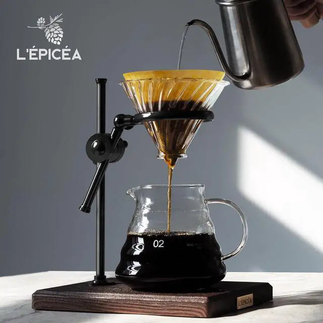 Alt view image 5 of 7 - L'ÉPICÉA Pour Over Coffee Maker Set, Pour Over Coffee Maker with Stand, Adjustable Stainless Steel Stand, Wooden Base, Paper Filters, Cone Glass Carafe, Pour Over Coffee Dripper (Black)