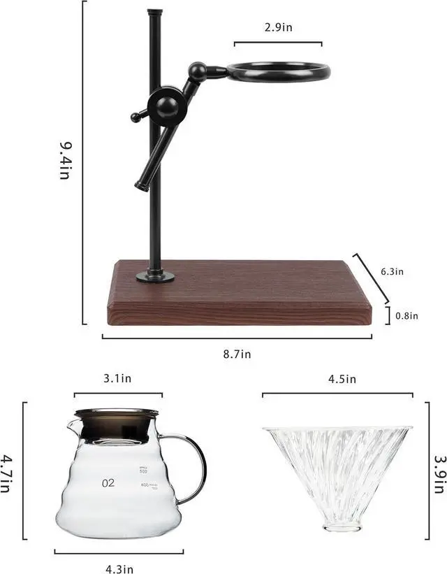Alt view image 7 of 7 - L'ÉPICÉA Pour Over Coffee Maker Set, Pour Over Coffee Maker with Stand, Adjustable Stainless Steel Stand, Wooden Base, Paper Filters, Cone Glass Carafe, Pour Over Coffee Dripper (Black)