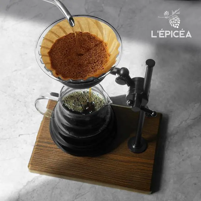 Alt view image 6 of 7 - L'ÉPICÉA Pour Over Coffee Maker Set, Pour Over Coffee Maker with Stand, Adjustable Stainless Steel Stand, Wooden Base, Paper Filters, Cone Glass Carafe, Pour Over Coffee Dripper (Black)
