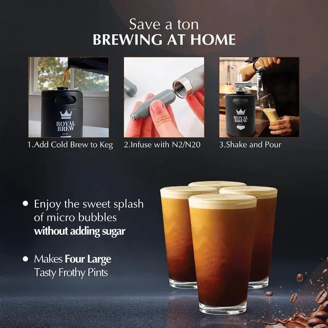 Alt view image 3 of 7 - The Original Royal Brew Nitro Cold Brew Coffee Maker - Gift for Coffee Lovers - 64 oz Home Keg, Nitrogen Gas System Coffee Dispenser Kit