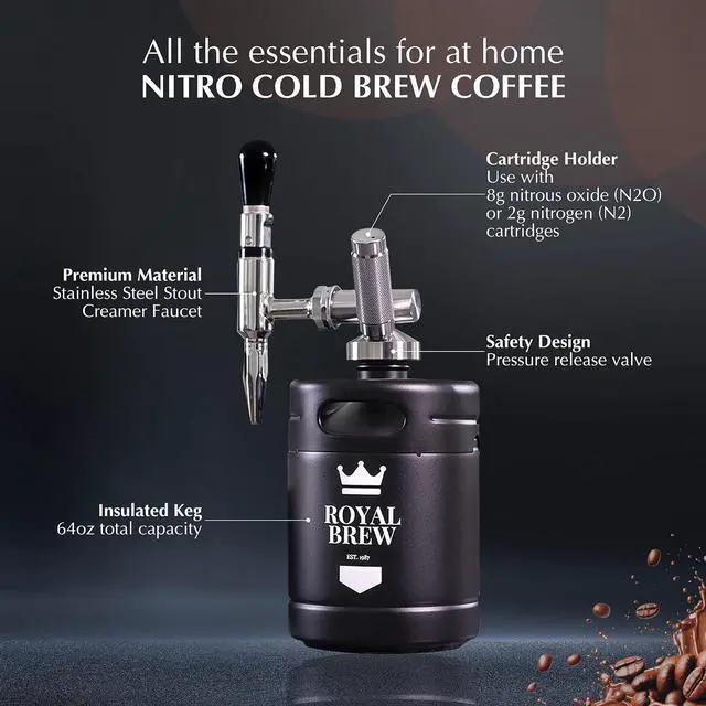 Alt view image 4 of 7 - The Original Royal Brew Nitro Cold Brew Coffee Maker - Gift for Coffee Lovers - 64 oz Home Keg, Nitrogen Gas System Coffee Dispenser Kit