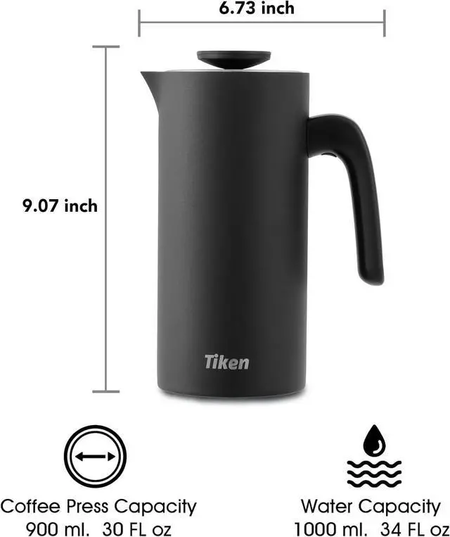 Alt view image 2 of 6 - French Press Coffee Maker Stainless Steel Double-wall Vacuum Insulated Coffee Press Dishwasher Safe, 34Oz Black