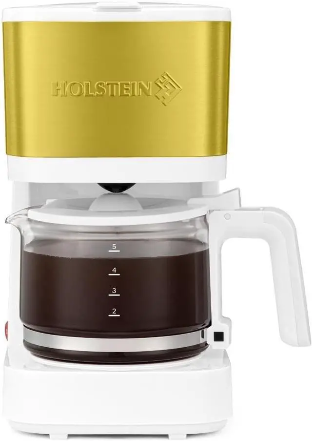 Main image of Holstein Housewares 5-Cup Coffee Maker - Pause N Serve, One-Touch Operation, Non-Stick Warming Plate, Water Level Indicator - Reusable Filter - Compact Design - White and Gold Color