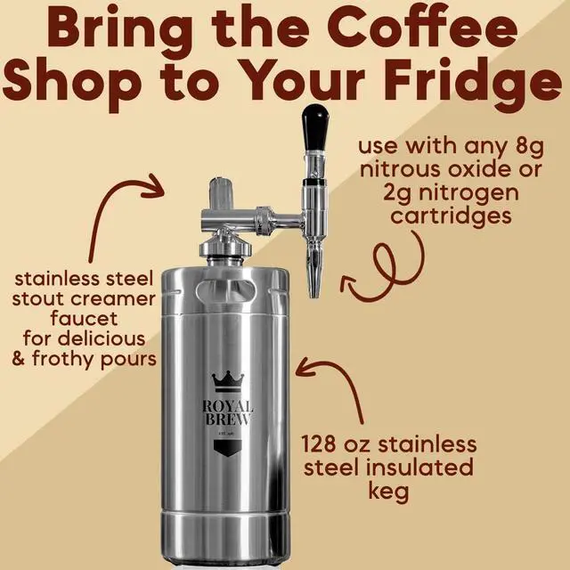 Alt view image 2 of 7 - The Original Royal Brew Nitro Cold Brew Coffee Maker - Gift for Coffee Lovers - 128 oz Extra Large Home Keg, Nitrogen Gas System Coffee Dispenser Kit