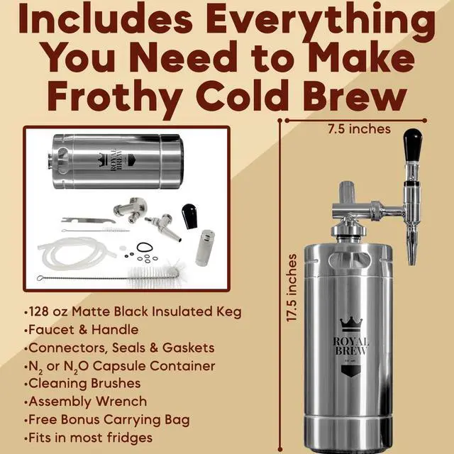 Alt view image 5 of 7 - The Original Royal Brew Nitro Cold Brew Coffee Maker - Gift for Coffee Lovers - 128 oz Extra Large Home Keg, Nitrogen Gas System Coffee Dispenser Kit