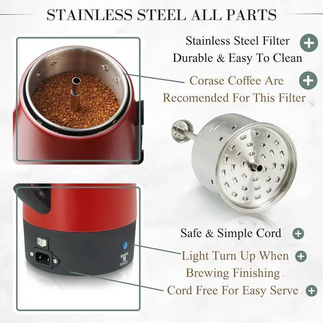 Alt view image 2 of 7 - Moss & Stone Electric Coffee Percolator  Red Body Coffee Maker with Stainless Steel Lid, Percolator Electric Pot, Fast Boil 10 Cup Red Camping Coffee Pot