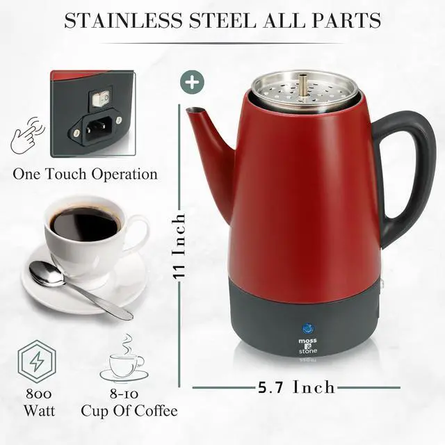 Alt view image 3 of 7 - Moss & Stone Electric Coffee Percolator  Red Body Coffee Maker with Stainless Steel Lid, Percolator Electric Pot, Fast Boil 10 Cup Red Camping Coffee Pot