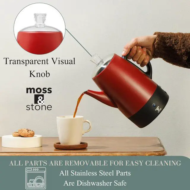 Alt view image 4 of 7 - Moss & Stone Electric Coffee Percolator  Red Body Coffee Maker with Stainless Steel Lid, Percolator Electric Pot, Fast Boil 10 Cup Red Camping Coffee Pot