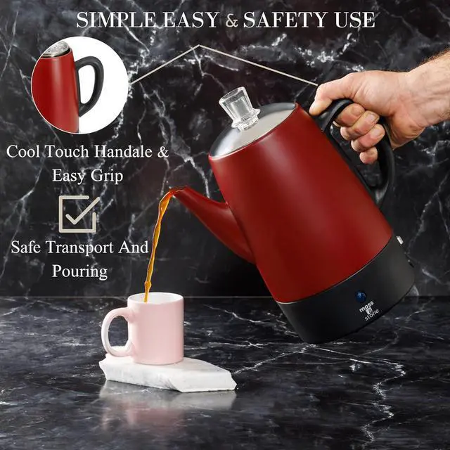 Alt view image 6 of 7 - Moss & Stone Electric Coffee Percolator  Red Body Coffee Maker with Stainless Steel Lid, Percolator Electric Pot, Fast Boil 10 Cup Red Camping Coffee Pot