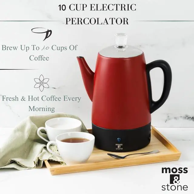 Alt view image 7 of 7 - Moss & Stone Electric Coffee Percolator  Red Body Coffee Maker with Stainless Steel Lid, Percolator Electric Pot, Fast Boil 10 Cup Red Camping Coffee Pot