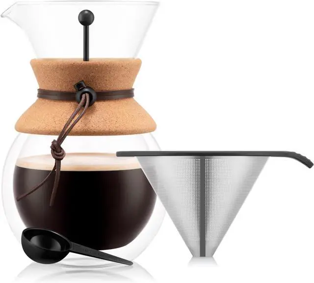 Alt view image 2 of 6 - Bodum 34oz Pour Over Coffee Maker, High-Heat Borosilicate Glass with Reusable Stainless Steel Filter and Double Wall Cork Grip - Made in Portugal