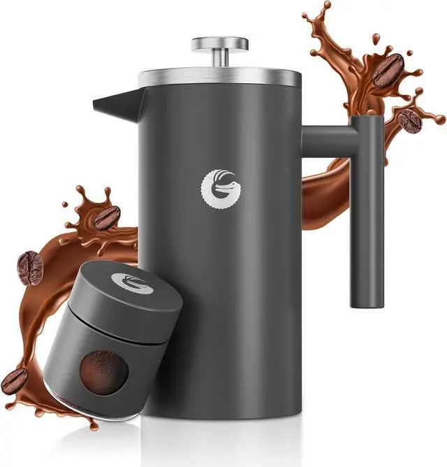 Main image of Coffee Gator French Press Coffee Maker - 34oz Double Insulated Stainless Steel Brewer plus Travel Jar Canister, Portable Hot Cold Brew Teapot Cafetera for Coffee Bar Accessories Kitchen Camping, Gray