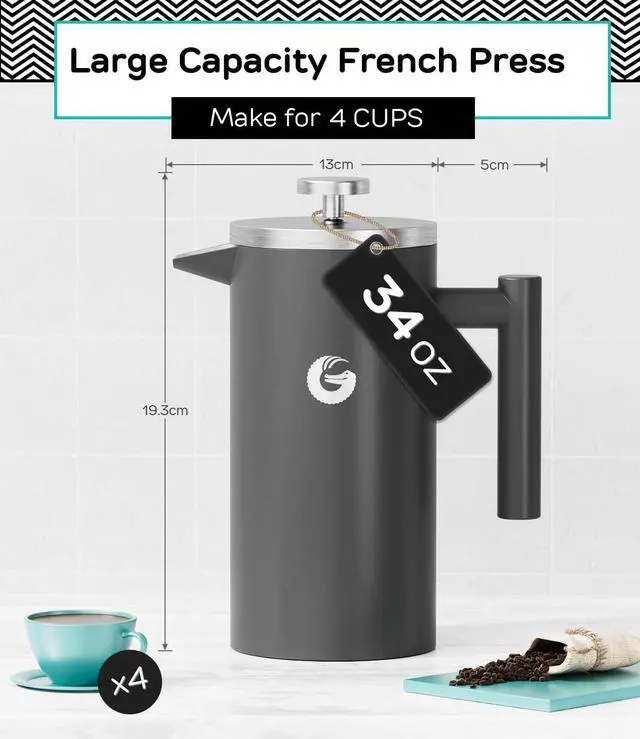 Alt view image 4 of 7 - Coffee Gator French Press Coffee Maker - 34oz Double Insulated Stainless Steel Brewer plus Travel Jar Canister, Portable Hot Cold Brew Teapot Cafetera for Coffee Bar Accessories Kitchen Camping, Gray