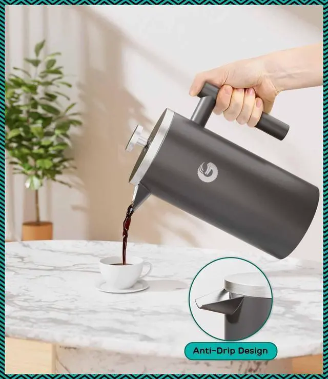 Alt view image 6 of 7 - Coffee Gator French Press Coffee Maker - 34oz Double Insulated Stainless Steel Brewer plus Travel Jar Canister, Portable Hot Cold Brew Teapot Cafetera for Coffee Bar Accessories Kitchen Camping, Gray