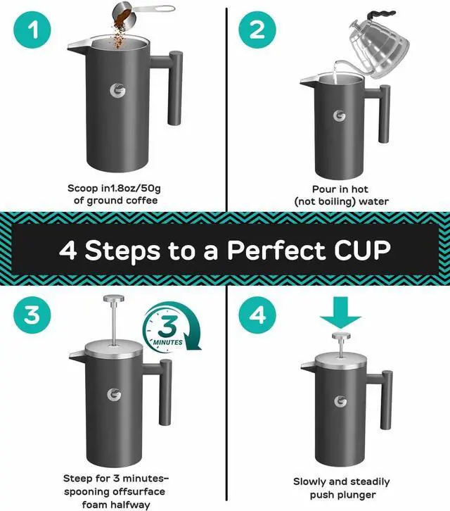 Alt view image 7 of 7 - Coffee Gator French Press Coffee Maker - 34oz Double Insulated Stainless Steel Brewer plus Travel Jar Canister, Portable Hot Cold Brew Teapot Cafetera for Coffee Bar Accessories Kitchen Camping, Gray