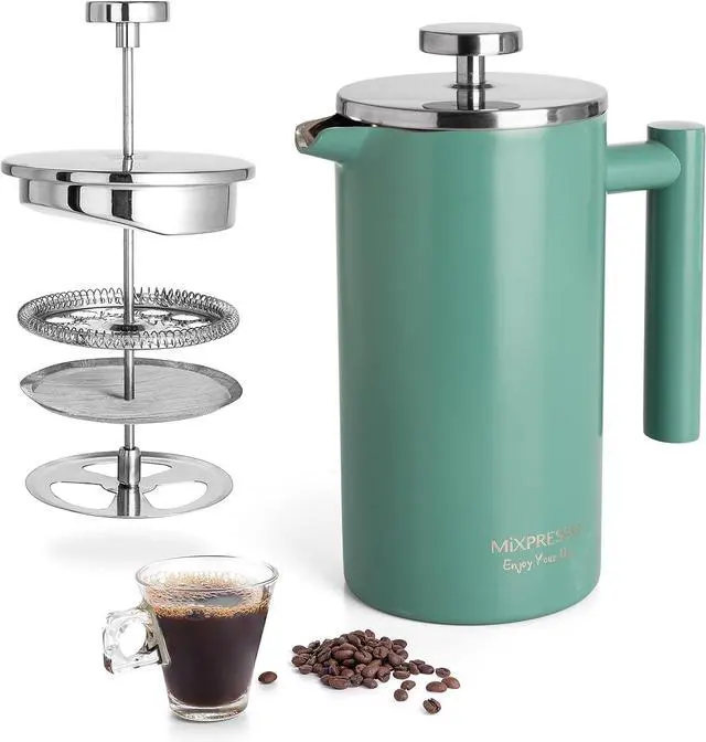 Main image of Mixpresso Stainless Steel French Press Coffee Maker 26 Oz 770 Ml Double Wall Metal Insulation Coffee Press & Tea Brewer Easy Clean & Easy Press, Strong Quality Coffee Press, Green Small French Press