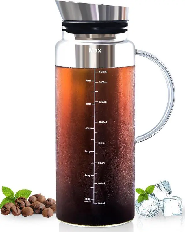 Main image of Aquach Cold Brew Coffee Iced Tea Maker & Fruit Pitcher - Large Capacity 51 Ounces - with Durable Glass Carafe/Fine Mesh Steel Infuser/Airtight Lid