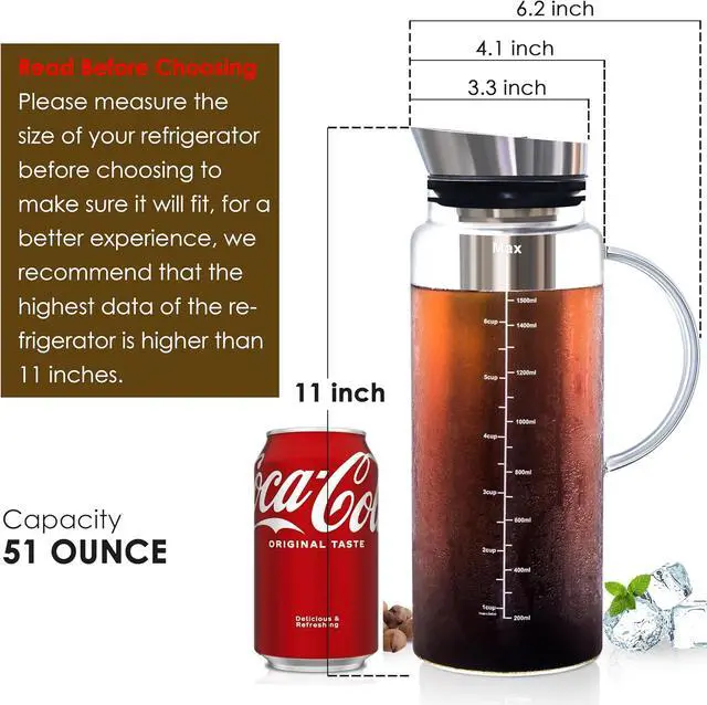 Alt view image 4 of 7 - Aquach Cold Brew Coffee Iced Tea Maker & Fruit Pitcher - Large Capacity 51 Ounces - with Durable Glass Carafe/Fine Mesh Steel Infuser/Airtight Lid