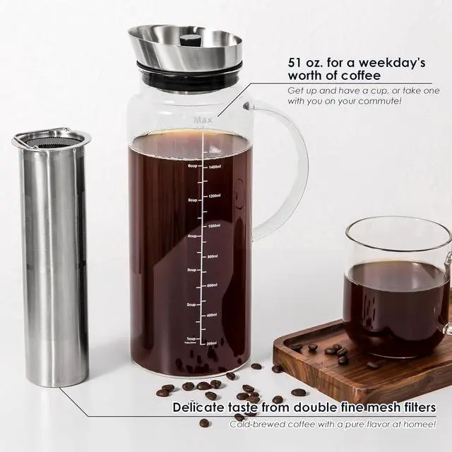 Alt view image 5 of 7 - Aquach Cold Brew Coffee Iced Tea Maker & Fruit Pitcher - Large Capacity 51 Ounces - with Durable Glass Carafe/Fine Mesh Steel Infuser/Airtight Lid