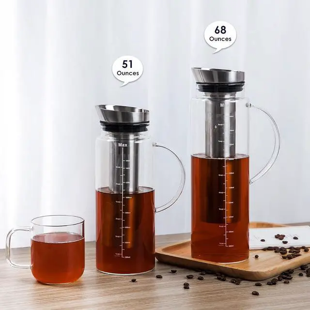 Alt view image 7 of 7 - Aquach Cold Brew Coffee Iced Tea Maker & Fruit Pitcher - Large Capacity 51 Ounces - with Durable Glass Carafe/Fine Mesh Steel Infuser/Airtight Lid