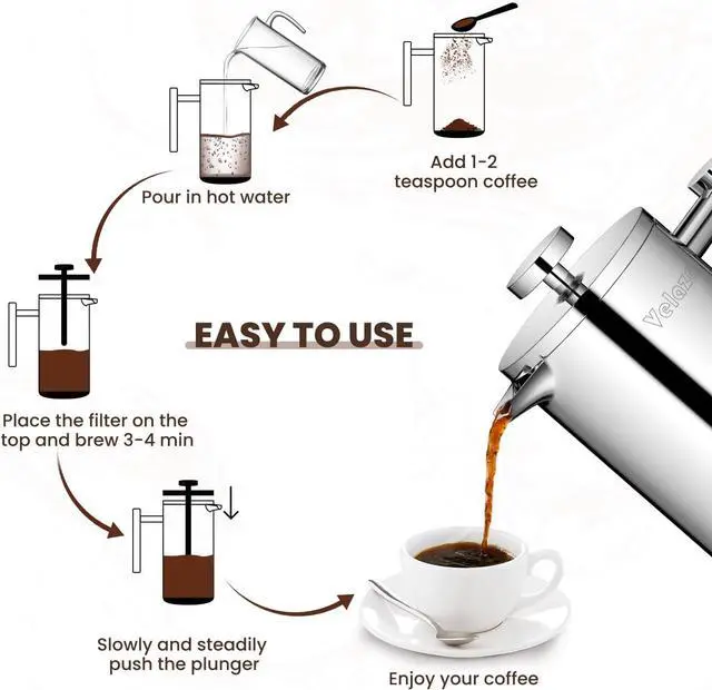 Alt view image 4 of 7 - Velaze French Press Coffee Maker 34oz, Double Wall Insulated French Coffee Press Stainless Steel, 1L Coffee Maker Included 4 Extra Fliters and 1 Coffee Spoon, Silver