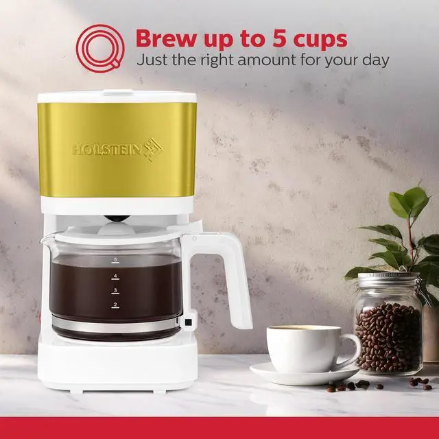 Alt view image 2 of 7 - Holstein Housewares 5-Cup Coffee Maker - Pause N Serve, One-Touch Operation, Non-Stick Warming Plate, Water Level Indicator - Reusable Filter - Compact Design - White and Gold Color