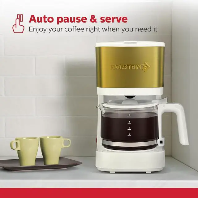 Alt view image 3 of 7 - Holstein Housewares 5-Cup Coffee Maker - Pause N Serve, One-Touch Operation, Non-Stick Warming Plate, Water Level Indicator - Reusable Filter - Compact Design - White and Gold Color