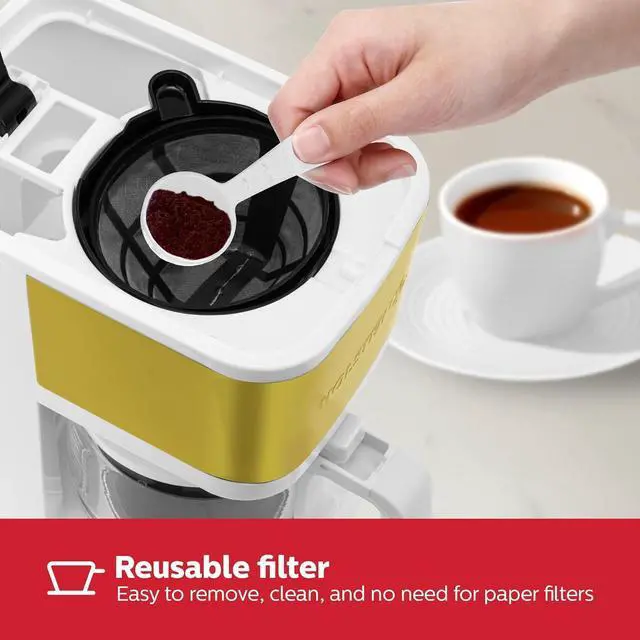 Alt view image 5 of 7 - Holstein Housewares 5-Cup Coffee Maker - Pause N Serve, One-Touch Operation, Non-Stick Warming Plate, Water Level Indicator - Reusable Filter - Compact Design - White and Gold Color