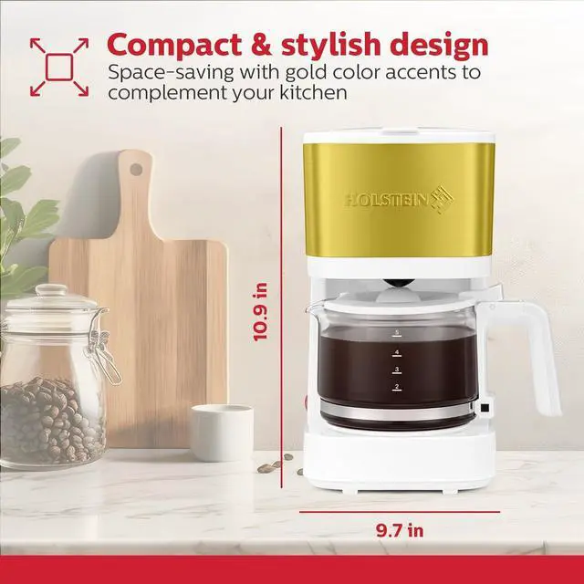 Alt view image 6 of 7 - Holstein Housewares 5-Cup Coffee Maker - Pause N Serve, One-Touch Operation, Non-Stick Warming Plate, Water Level Indicator - Reusable Filter - Compact Design - White and Gold Color