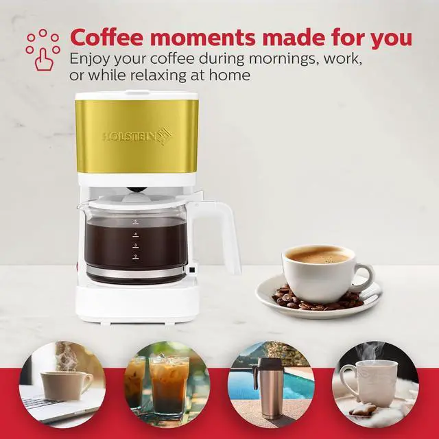 Alt view image 7 of 7 - Holstein Housewares 5-Cup Coffee Maker - Pause N Serve, One-Touch Operation, Non-Stick Warming Plate, Water Level Indicator - Reusable Filter - Compact Design - White and Gold Color