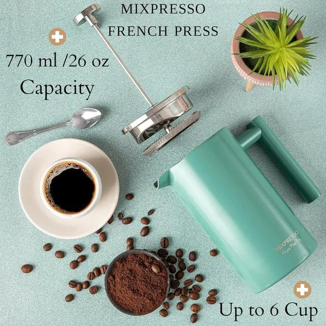 Alt view image 4 of 7 - Mixpresso Stainless Steel French Press Coffee Maker 26 Oz 770 Ml Double Wall Metal Insulation Coffee Press & Tea Brewer Easy Clean & Easy Press, Strong Quality Coffee Press, Green Small French Press