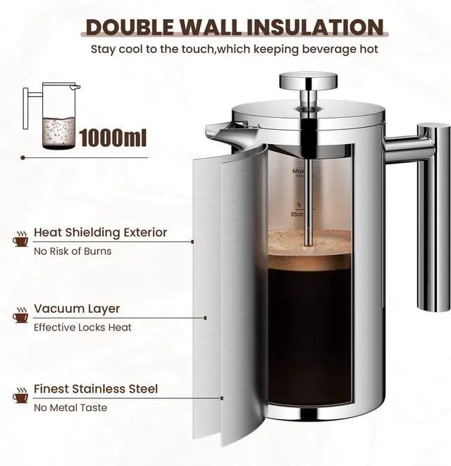 Alt view image 3 of 7 - Velaze French Press Coffee Maker 34oz, Double Wall Insulated French Coffee Press Stainless Steel, 1L Coffee Maker Included 4 Extra Fliters and 1 Coffee Spoon, Silver