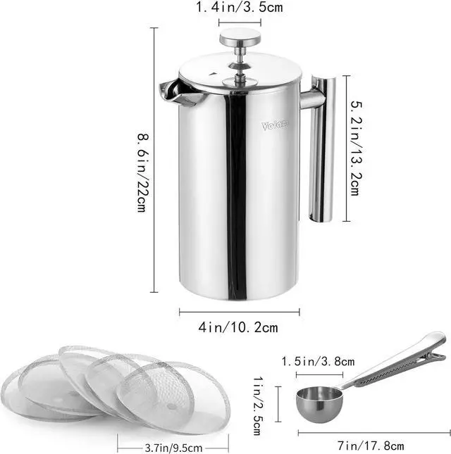 Alt view image 5 of 7 - Velaze French Press Coffee Maker 34oz, Double Wall Insulated French Coffee Press Stainless Steel, 1L Coffee Maker Included 4 Extra Fliters and 1 Coffee Spoon, Silver