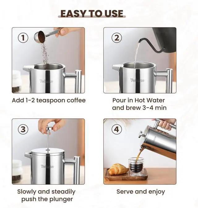 Alt view image 6 of 7 - Velaze French Press Coffee Maker 34oz, Double Wall Insulated French Coffee Press Stainless Steel, 1L Coffee Maker Included 4 Extra Fliters and 1 Coffee Spoon, Silver