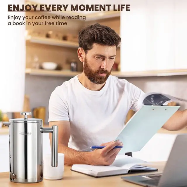 Alt view image 7 of 7 - Velaze French Press Coffee Maker 34oz, Double Wall Insulated French Coffee Press Stainless Steel, 1L Coffee Maker Included 4 Extra Fliters and 1 Coffee Spoon, Silver