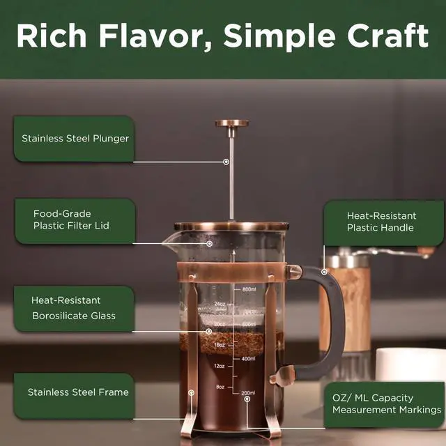 Alt view image 4 of 7 - French Press Coffee Maker, 34 Ounce 1 Liter, Stainless Steel, Cold Brew Heat Resistant Borosilicate Glass Espresso Coffee & Tea Maker with 4 Filter