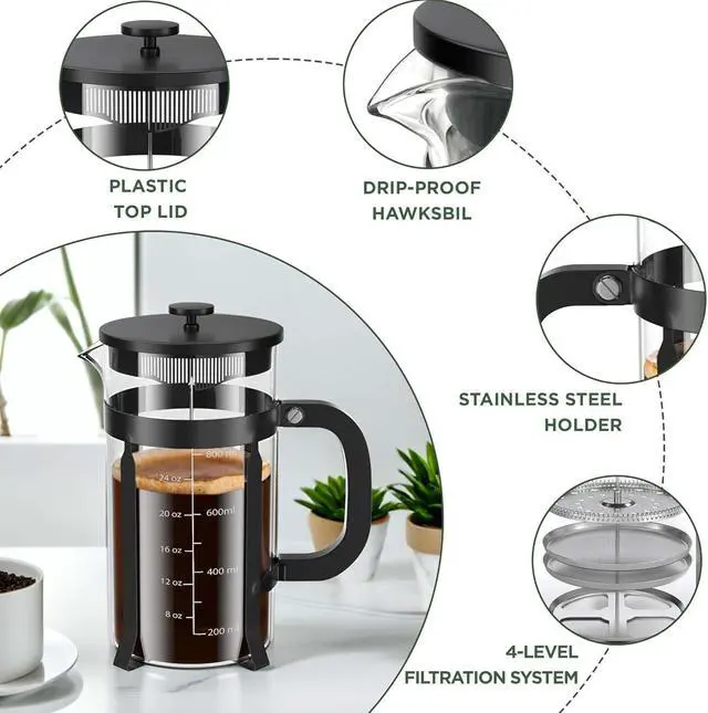 Alt view image 7 of 7 - French Press Coffee Maker, 34 Ounce 1 Liter, Stainless Steel, Cold Brew Heat Resistant Borosilicate Glass Espresso Coffee & Tea Maker with 4 Filter
