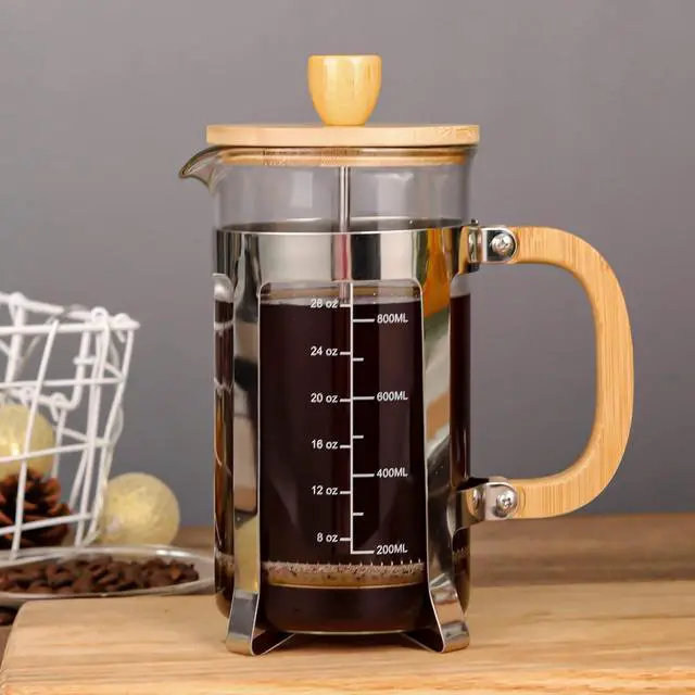 Alt view image 2 of 7 - Sivaphe 34 oz French Press Coffee/Tea Maker with Bamboo Lid and Hand Stainless Steel High Borosilicate Glass 1000ml Coffee Brewer Set