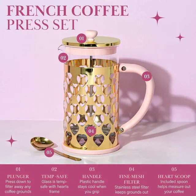 Alt view image 3 of 7 - Paris Hilton French Press Coffee Maker With Heart Shaped Measuring Scoop, 2-Piece Set, 8-Cup or 34-Ounce, Pink