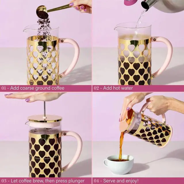 Alt view image 4 of 7 - Paris Hilton French Press Coffee Maker With Heart Shaped Measuring Scoop, 2-Piece Set, 8-Cup or 34-Ounce, Pink