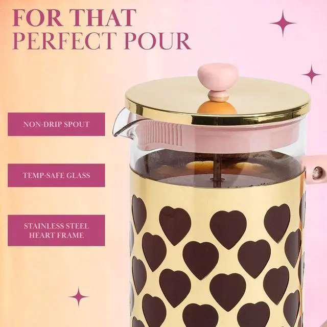 Alt view image 5 of 7 - Paris Hilton French Press Coffee Maker With Heart Shaped Measuring Scoop, 2-Piece Set, 8-Cup or 34-Ounce, Pink