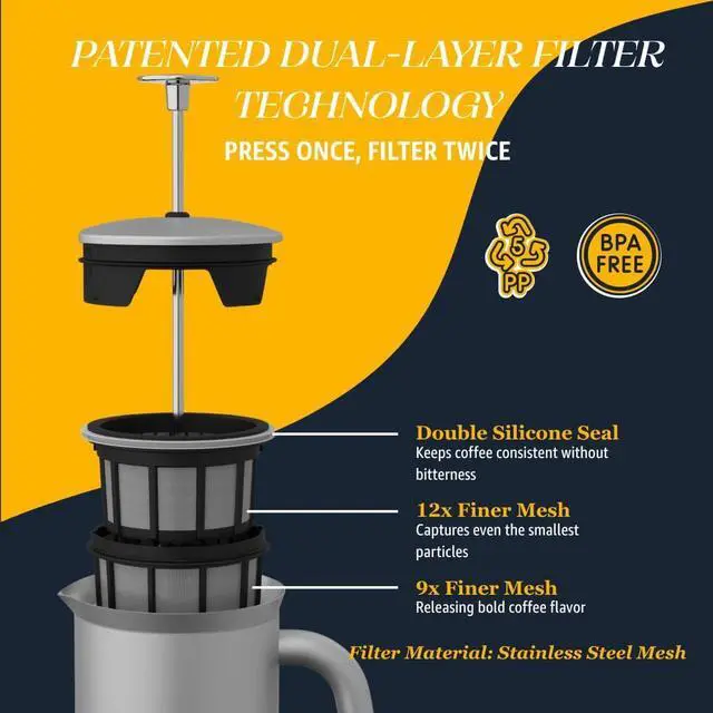 Alt view image 3 of 7 - ESPRO P7 French Press Coffee Maker - Double-Walled Stainless Steel Insulated with Micro-Filter, 32 Ounces, Brushed Stainless Steel