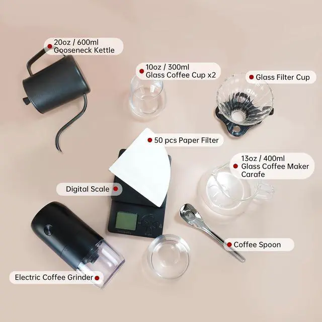 Alt view image 2 of 7 - SuperCook Coffee Pour Over Kit Hand Drip with Kettle, Electric Grinder, Camping Travel Coffee Kit Ideal for Anniversary Birthday Gift
