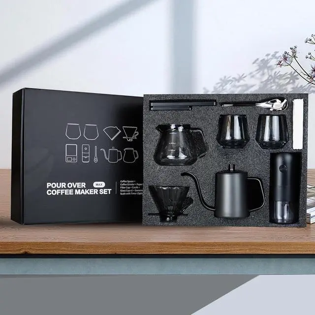 Alt view image 6 of 7 - SuperCook Coffee Pour Over Kit Hand Drip with Kettle, Electric Grinder, Camping Travel Coffee Kit Ideal for Anniversary Birthday Gift