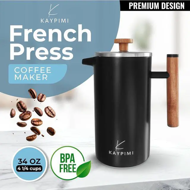 Alt view image 2 of 6 - Metal French Press - Double Walled Stainless Steel Insulated Coffee and Tea Maker with Triple-Filter-System - Keep Drinks Hotter for Longer, Perfect for Home and Travel (Matte Black, 34 Oz)