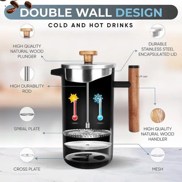 Alt view image 3 of 6 - Metal French Press - Double Walled Stainless Steel Insulated Coffee and Tea Maker with Triple-Filter-System - Keep Drinks Hotter for Longer, Perfect for Home and Travel (Matte Black, 34 Oz)