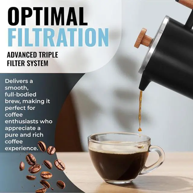 Alt view image 4 of 6 - Metal French Press - Double Walled Stainless Steel Insulated Coffee and Tea Maker with Triple-Filter-System - Keep Drinks Hotter for Longer, Perfect for Home and Travel (Matte Black, 34 Oz)