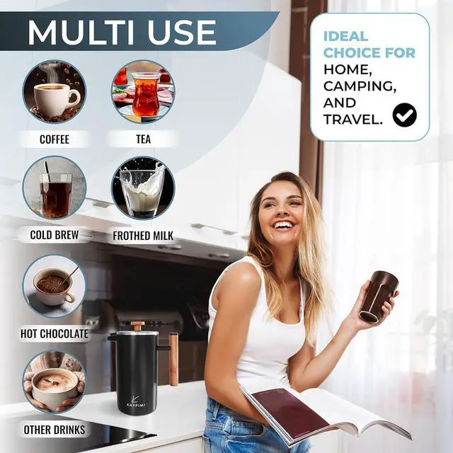 Alt view image 6 of 6 - Metal French Press - Double Walled Stainless Steel Insulated Coffee and Tea Maker with Triple-Filter-System - Keep Drinks Hotter for Longer, Perfect for Home and Travel (Matte Black, 34 Oz)