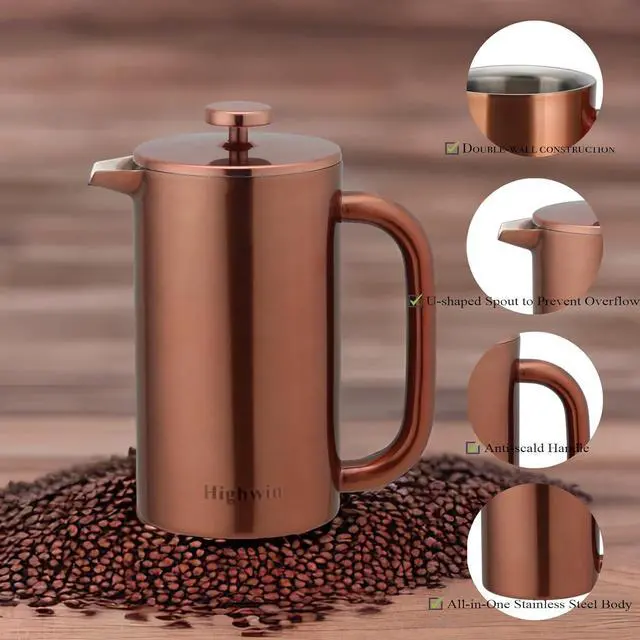 Alt view image 2 of 6 - 8-Cup Double Wall Insulated Stainless Steel French Coffee Press, 32-Ounce Durable Coffee Tea Maker with Stainless Steel Plunger, Copper