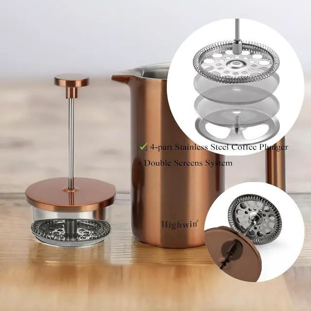 Alt view image 3 of 6 - 8-Cup Double Wall Insulated Stainless Steel French Coffee Press, 32-Ounce Durable Coffee Tea Maker with Stainless Steel Plunger, Copper